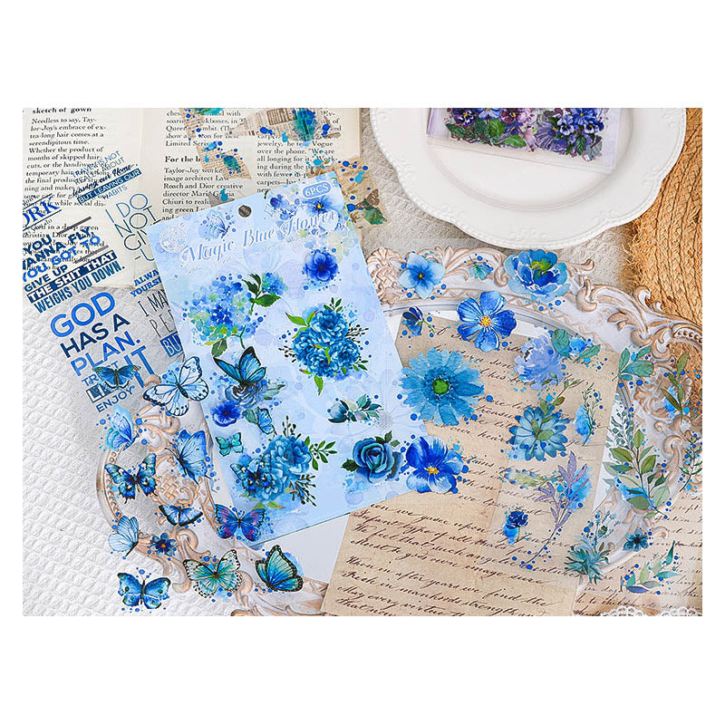 HDLY605 - sticker pack flower butterfly green leaf series retro PET cut film flower handbook material DIY 6 sheets(Blue)