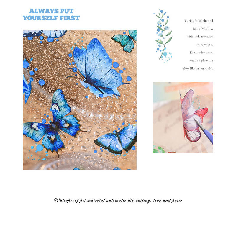 HDLY605 - sticker pack flower butterfly green leaf series retro PET cut film flower handbook material DIY 6 sheets(Blue)