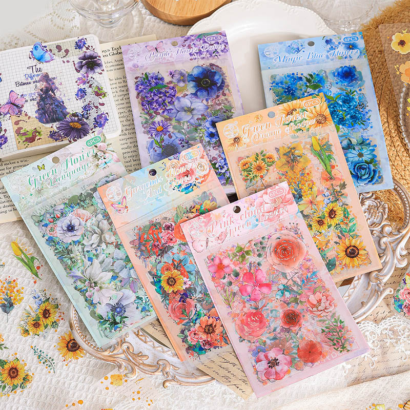 HDLY605 - sticker pack flower butterfly green leaf series retro PET cut film flower handbook material DIY 6 sheets(Blue)