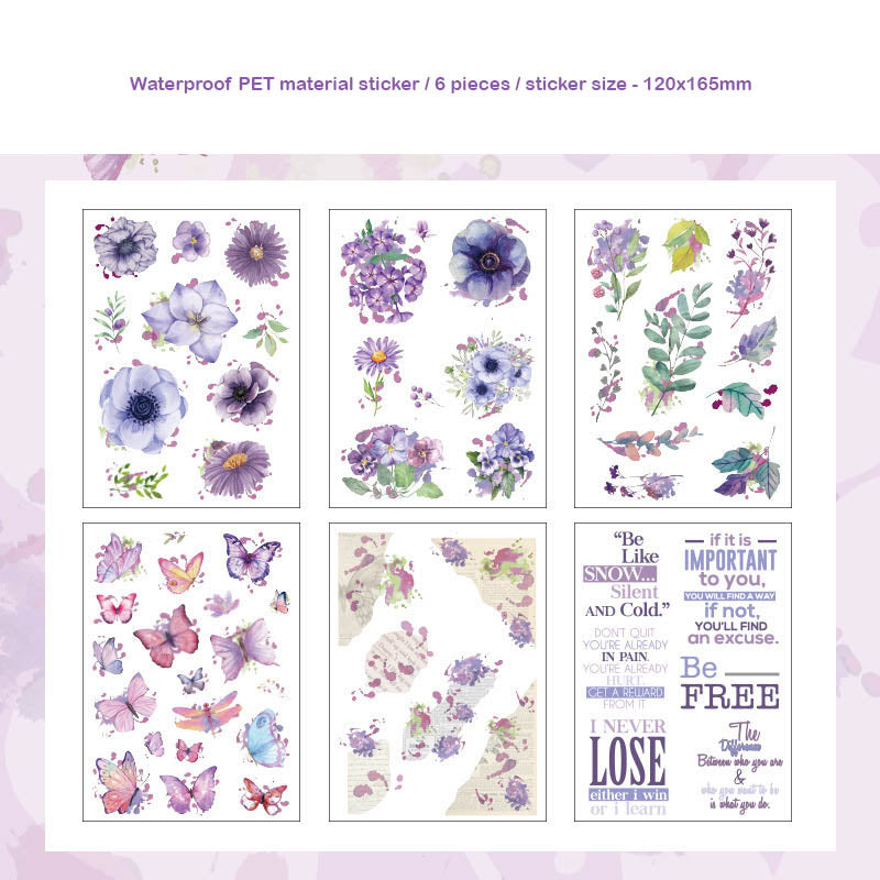 HDLY606 - sticker pack flower butterfly green leaf series retro PET cut film flower handbook material DIY 6 sheets(Purple)