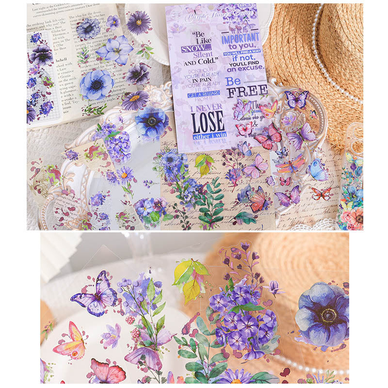 HDLY606 - sticker pack flower butterfly green leaf series retro PET cut film flower handbook material DIY 6 sheets(Purple)