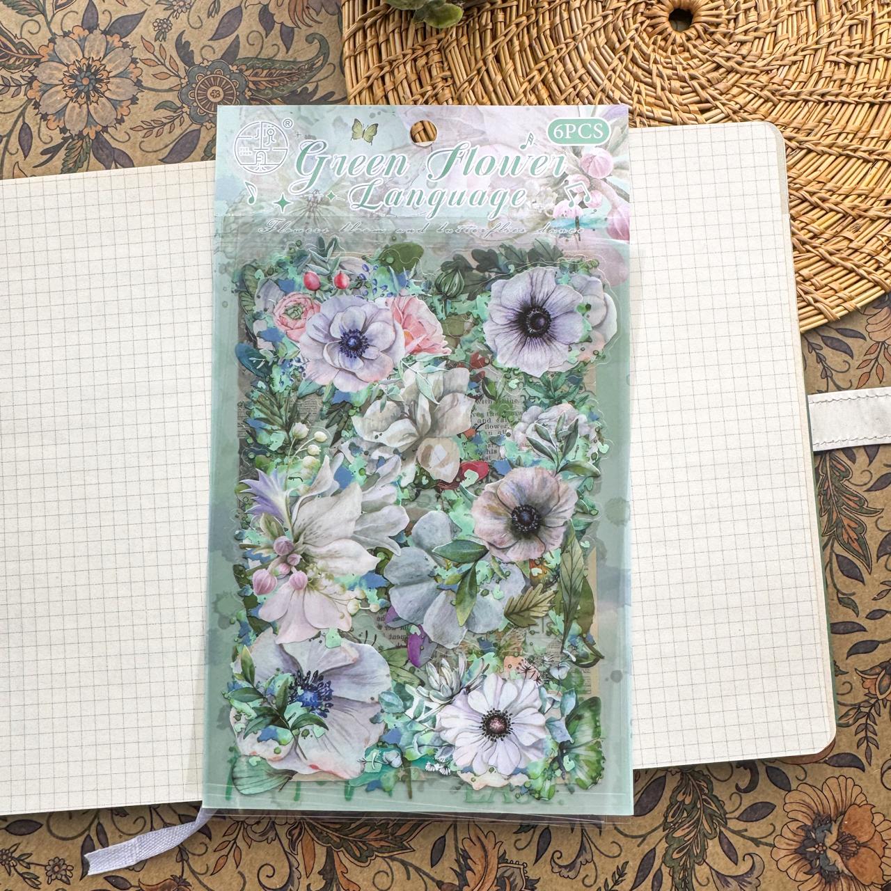 HDLY601 - sticker pack flower butterfly green leaf series retro PET cut film flower handbook material DIY 6 sheets(Green)