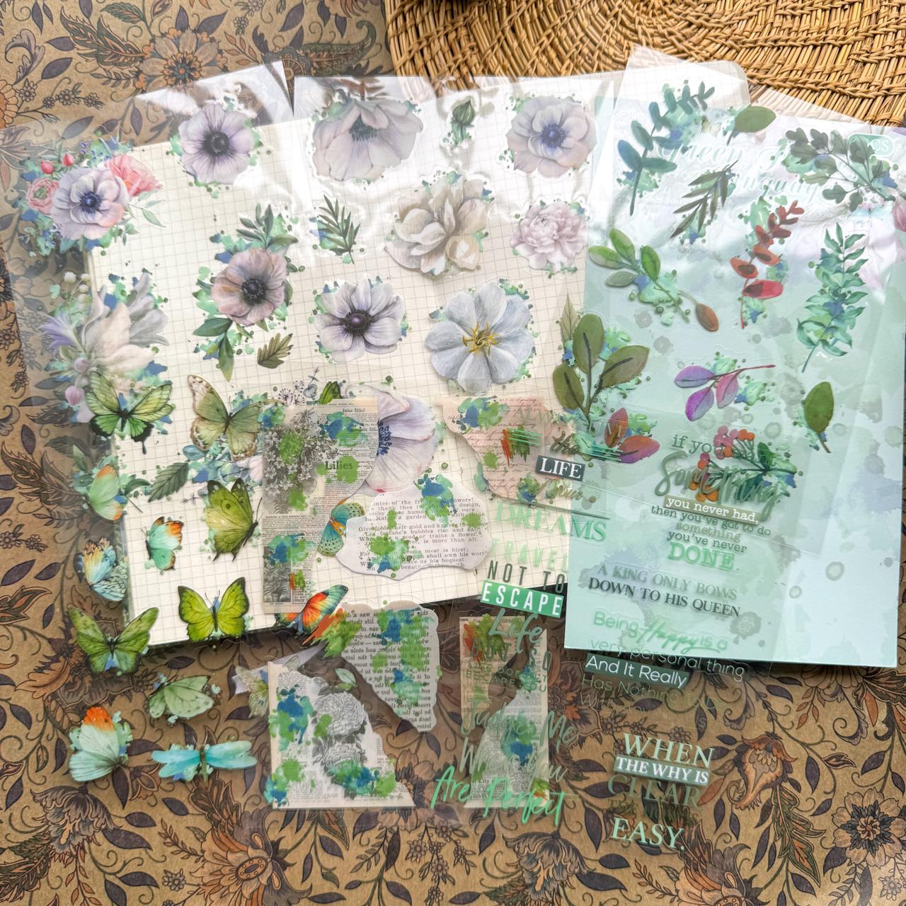 HDLY601 - sticker pack flower butterfly green leaf series retro PET cut film flower handbook material DIY 6 sheets(Green)