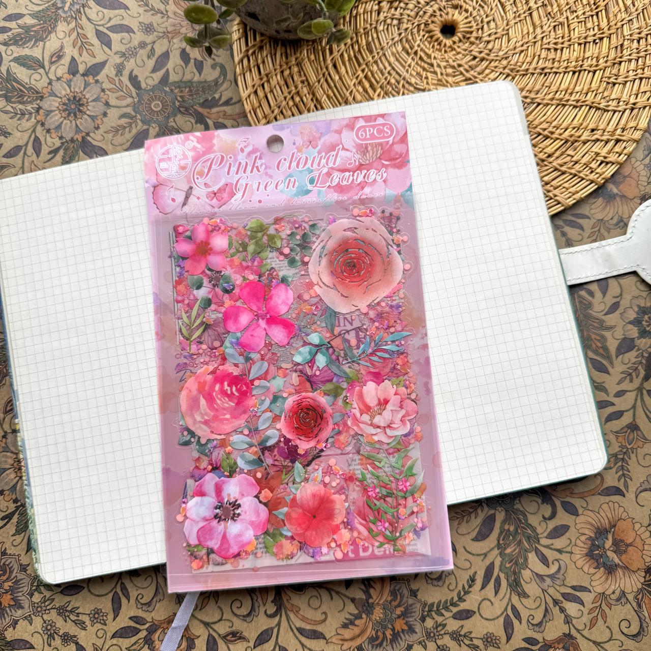HDLY602 - sticker pack flower butterfly green leaf series retro PET cut film flower handbook material DIY 6 sheets(Pink)