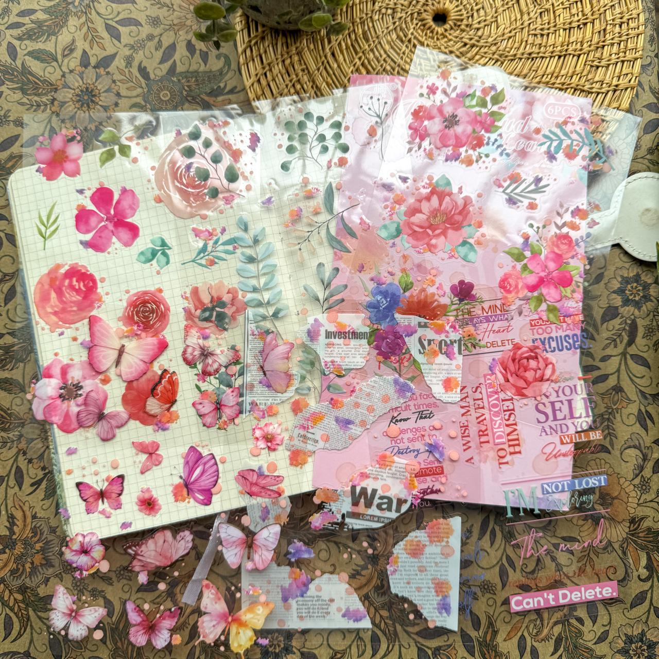HDLY602 - sticker pack flower butterfly green leaf series retro PET cut film flower handbook material DIY 6 sheets(Pink)
