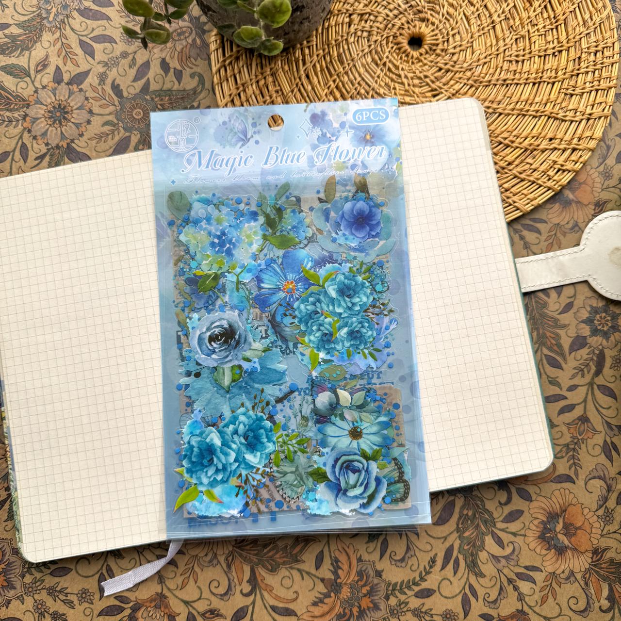 HDLY605 - sticker pack flower butterfly green leaf series retro PET cut film flower handbook material DIY 6 sheets(Blue)