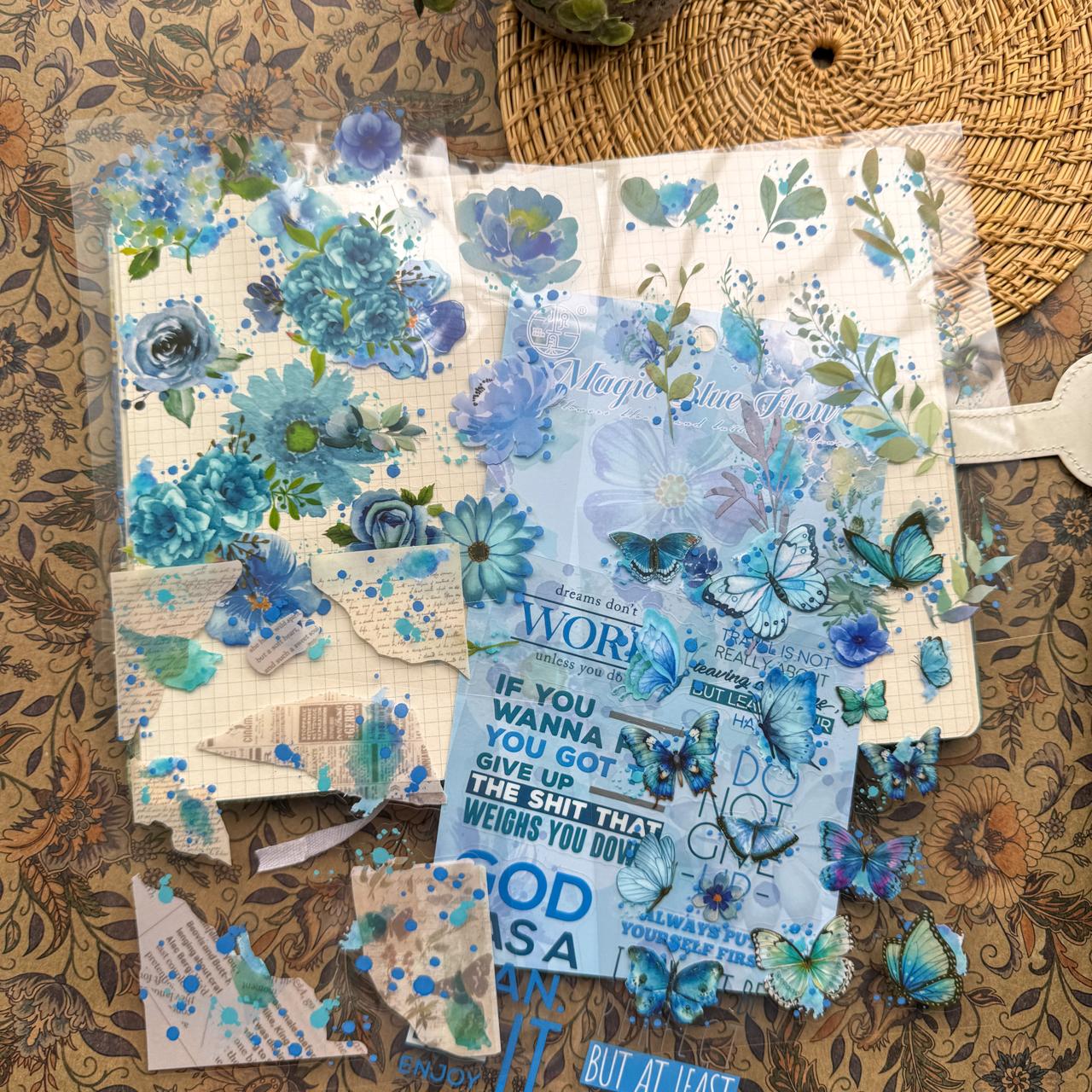 HDLY605 - sticker pack flower butterfly green leaf series retro PET cut film flower handbook material DIY 6 sheets(Blue)