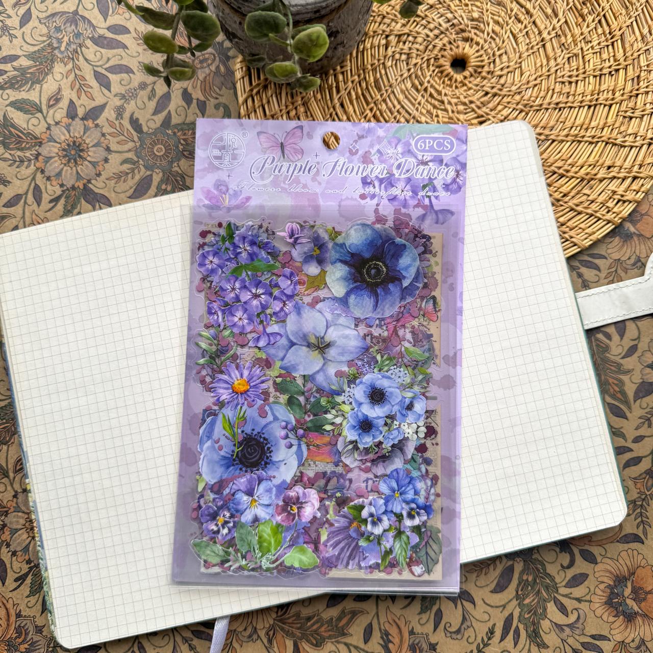 HDLY606 - sticker pack flower butterfly green leaf series retro PET cut film flower handbook material DIY 6 sheets(Purple)