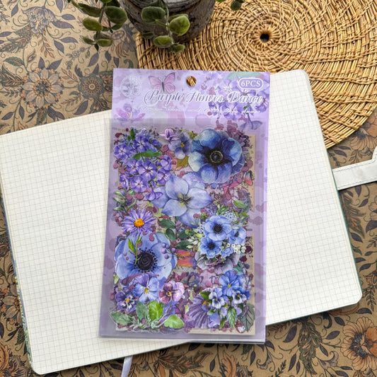 HDLY606 - sticker pack flower butterfly green leaf series retro PET cut film flower handbook material DIY 6 sheets(Purple)