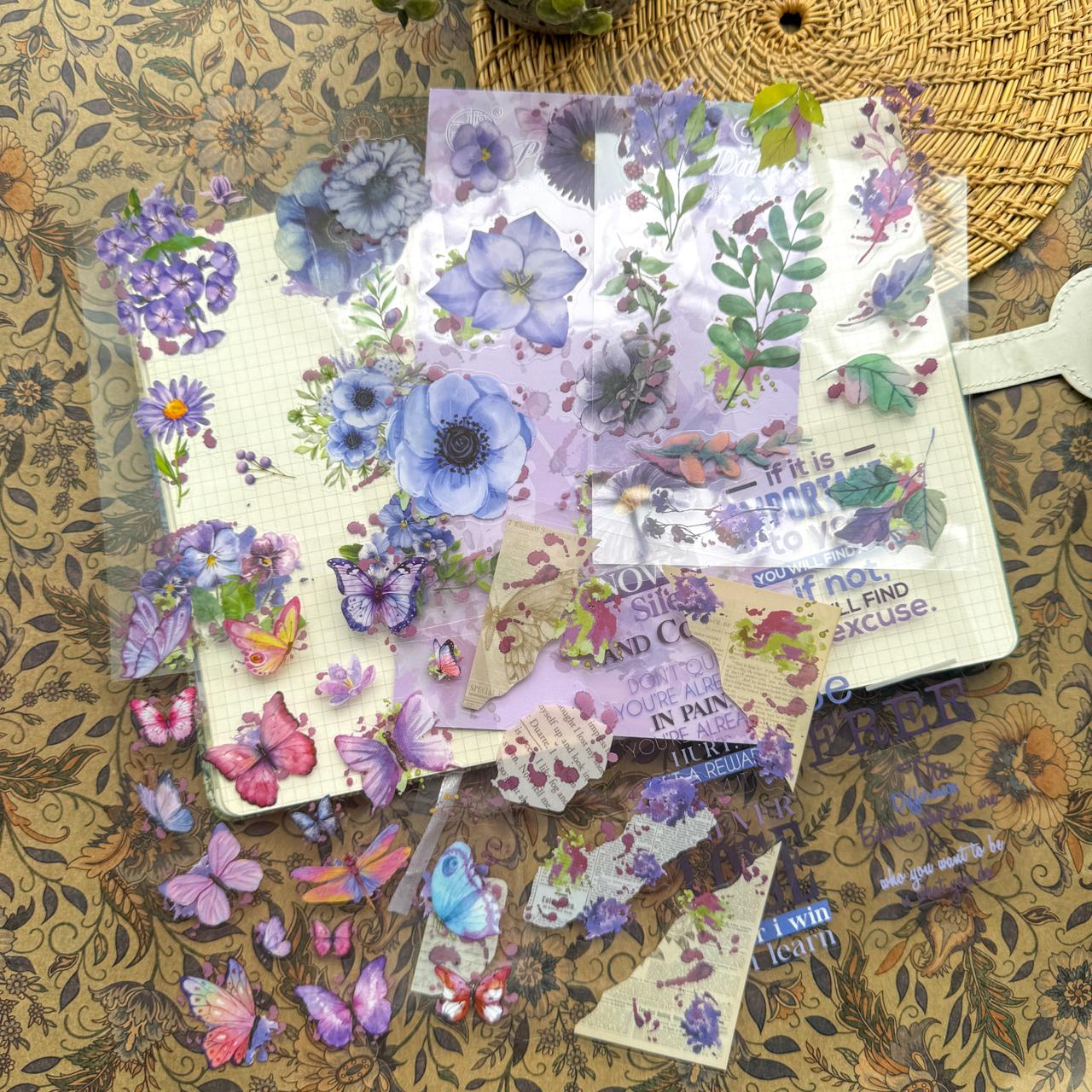HDLY606 - sticker pack flower butterfly green leaf series retro PET cut film flower handbook material DIY 6 sheets(Purple)
