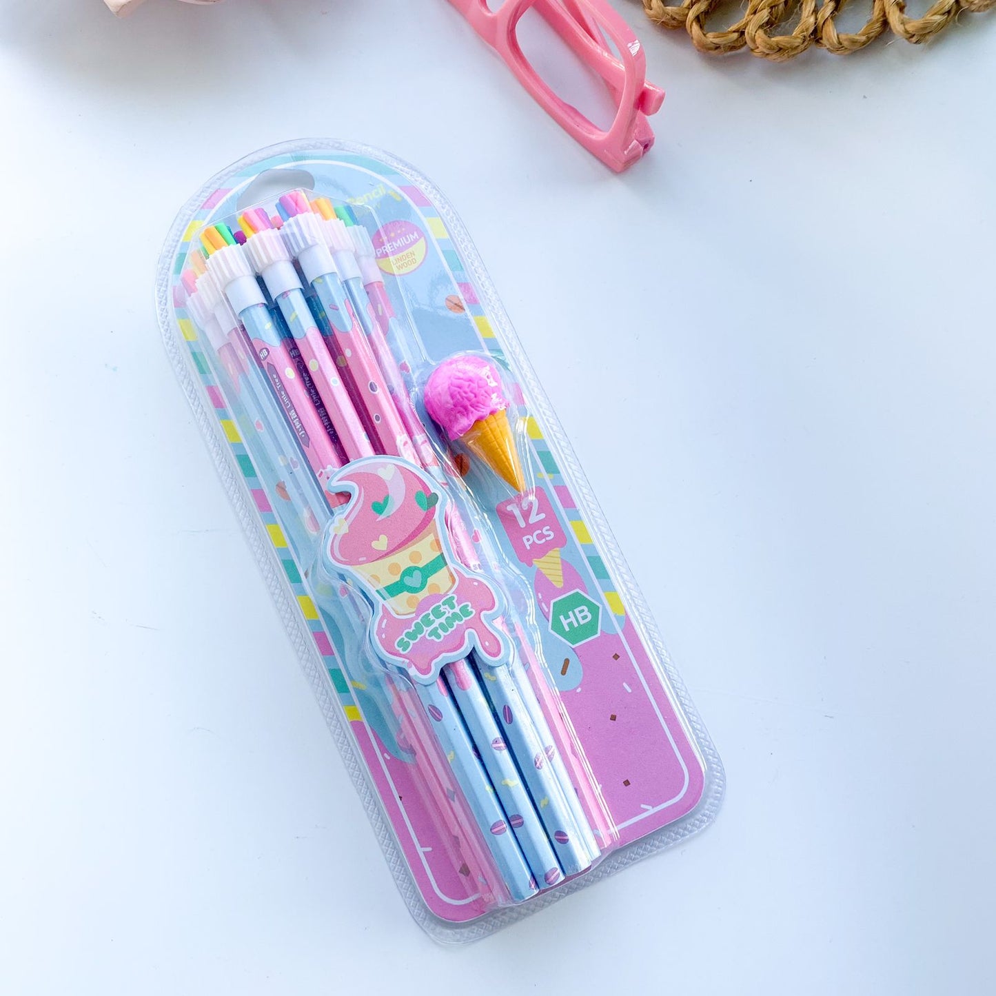 Cute Pencil Set | 12 Pcs HB Pencil | 1 Eraser | Pink Blue Theme