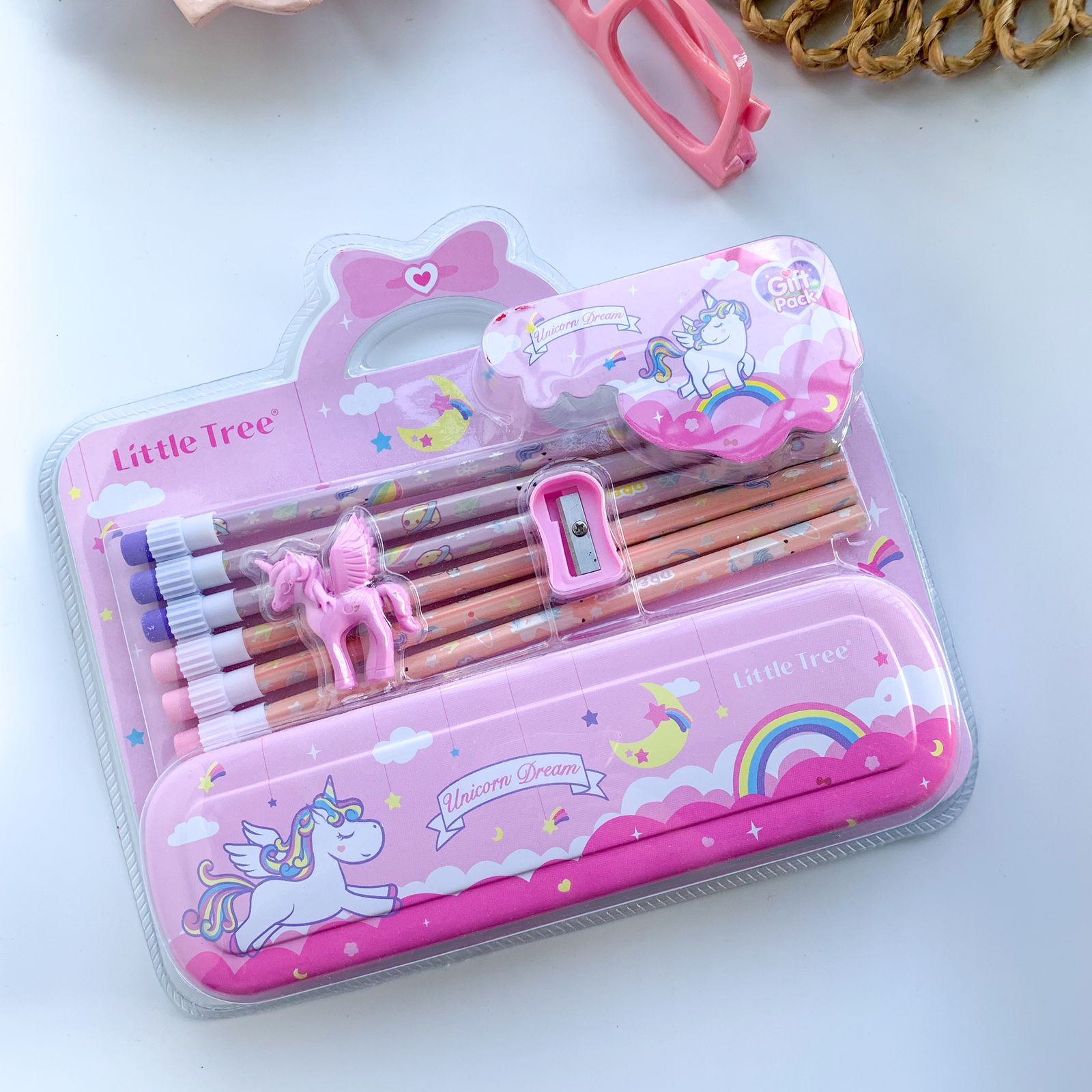 Cute Unicorn Theme Metal Pencil Box Set Double Decker Metal Pencil Box pcs HB Pencils Eraser Sharpener Pink Theme