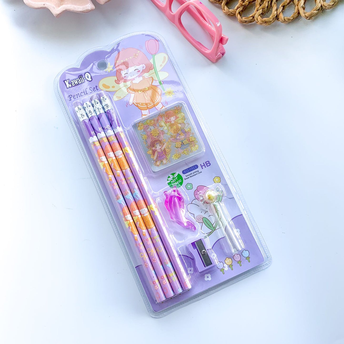 Cute Pencil & Sticker Set | 8 Pcs HB Pencil | 12 Pcs Stickers | 1 Sharpener | 1 Cap & Extender | Purple Theme