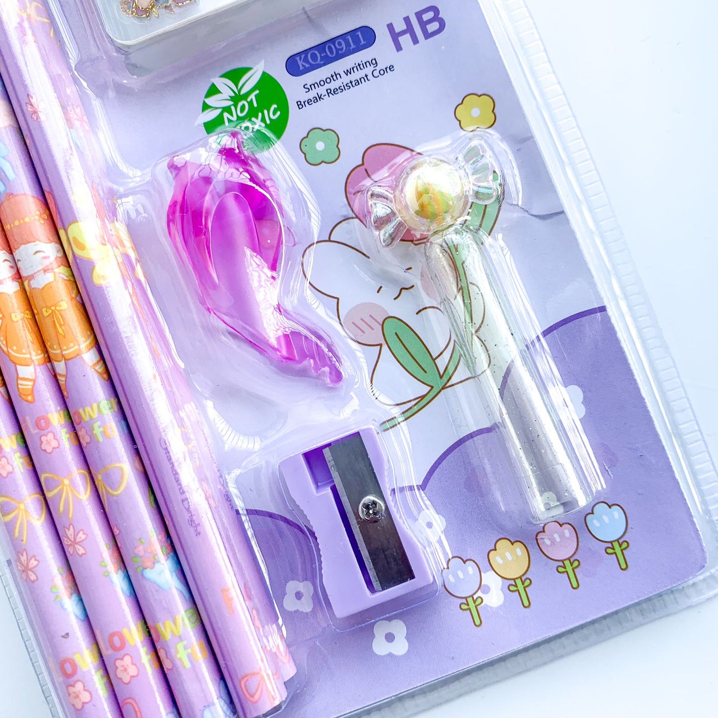 Cute Pencil & Sticker Set | 8 Pcs HB Pencil | 12 Pcs Stickers | 1 Sharpener | 1 Cap & Extender | Purple Theme