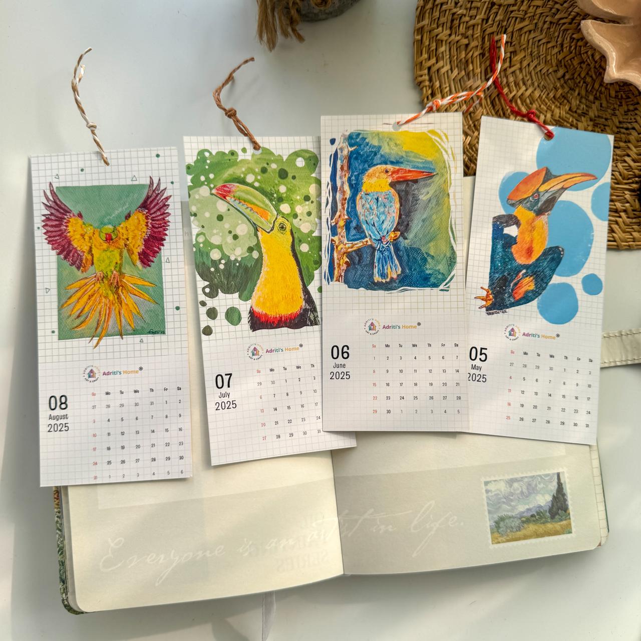 Limited Edition Calendar Bookmark 2025 - 12 Bookmarks with Bird Paintings by Tiyas