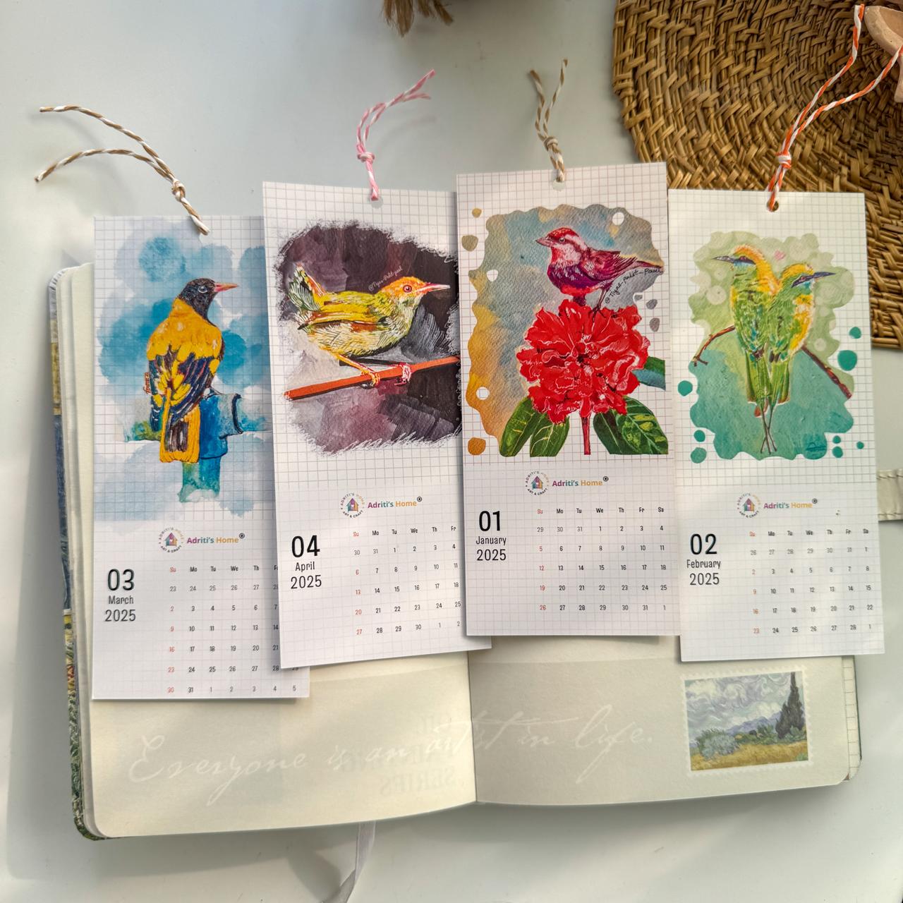 Limited Edition Calendar Bookmark 2025 - 12 Bookmarks with Bird Paintings by Tiyas