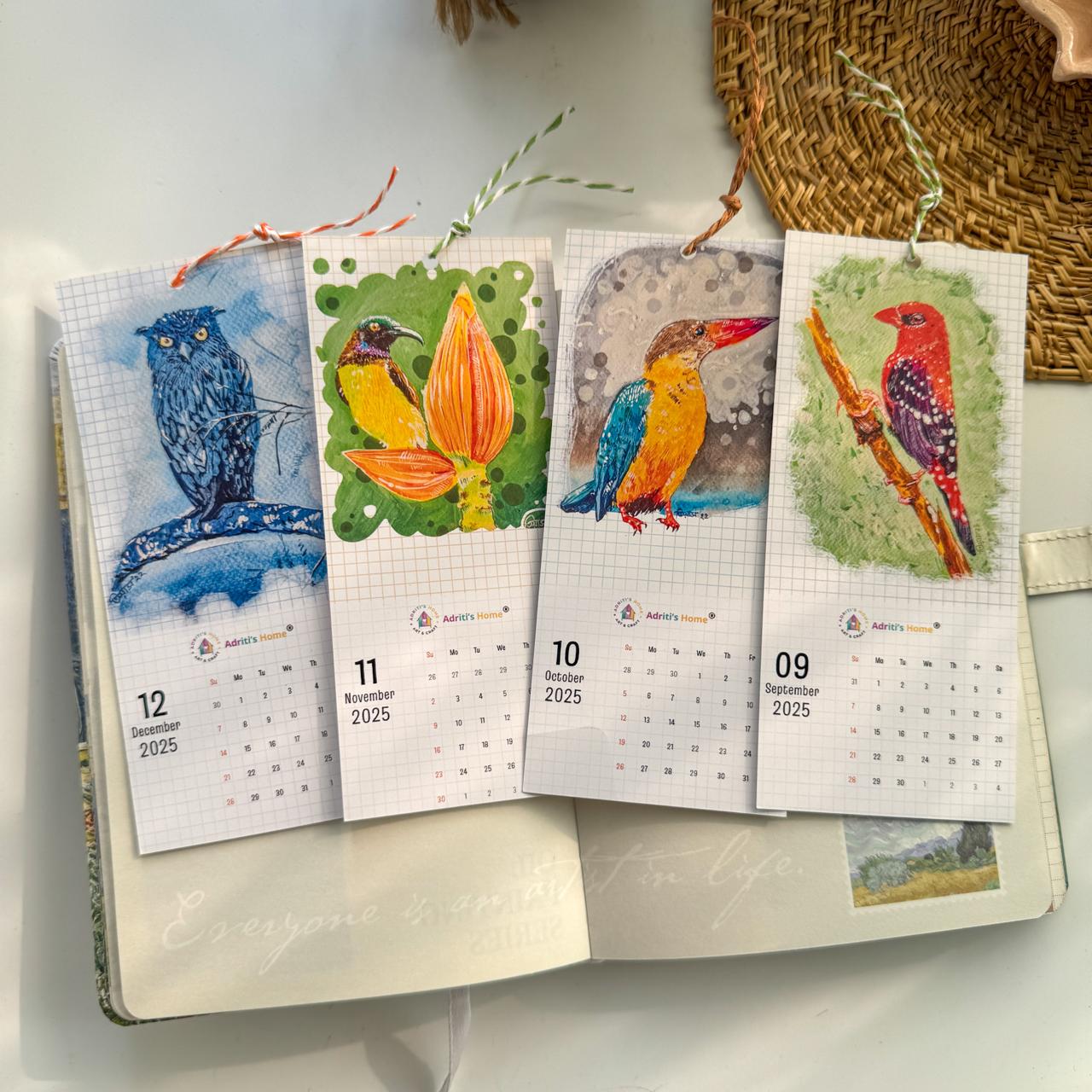 Limited Edition Calendar Bookmark 2025 - 12 Bookmarks with Bird Paintings by Tiyas
