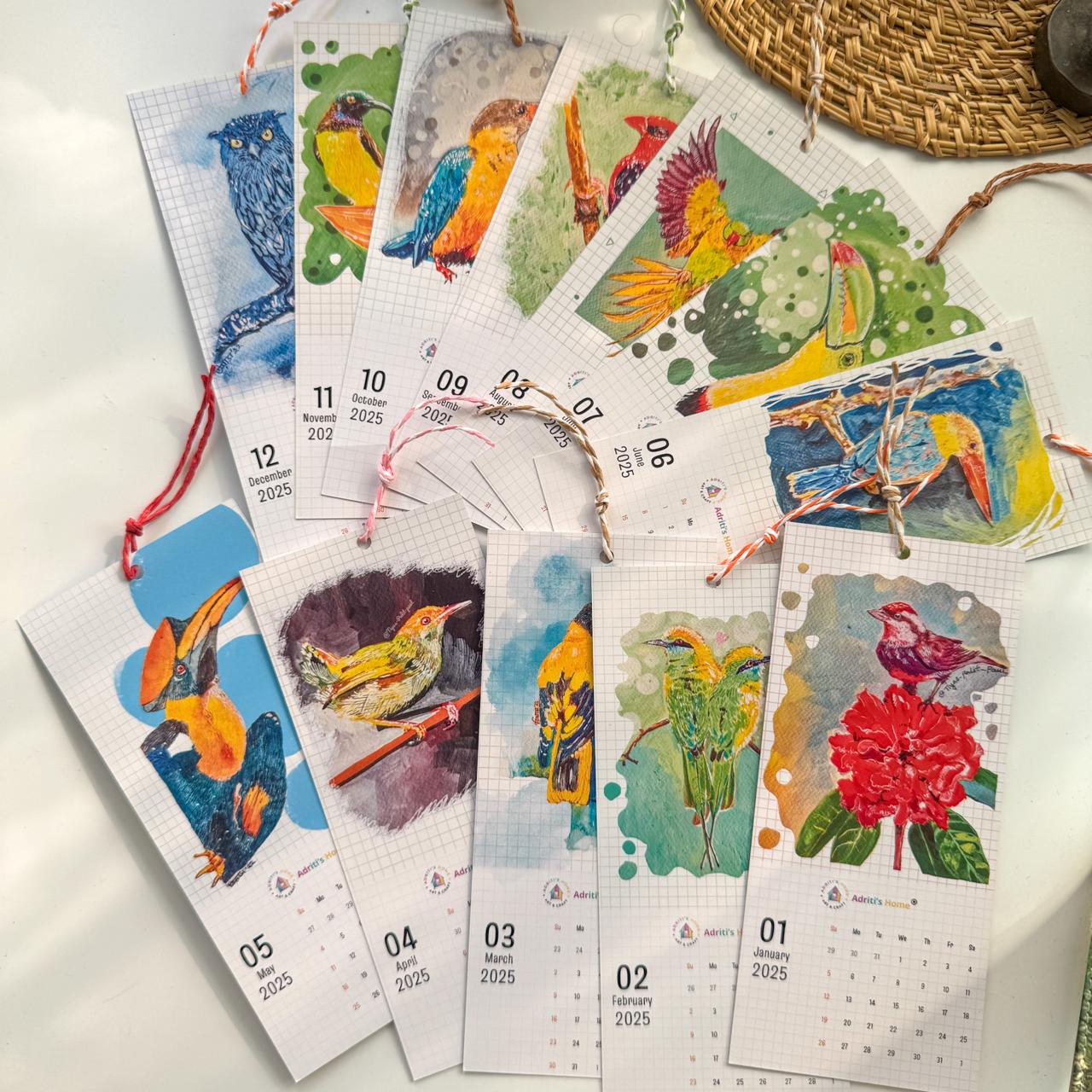 Limited Edition Calendar Bookmark 2025 - 12 Bookmarks with Bird Paintings by Tiyas