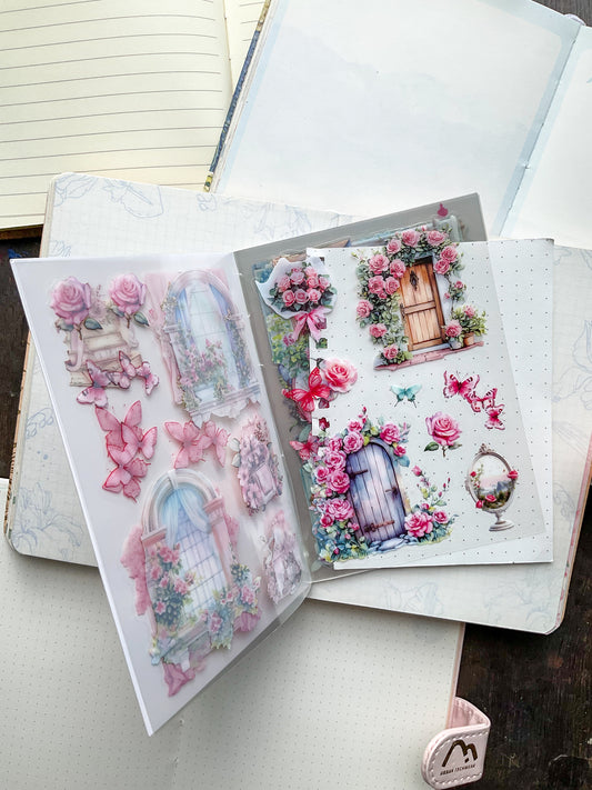 LLWS-401 Glazed Tiles Series Sticker Book|Fallen Flower Courtyard| Vintage Open Windows Sticker Book| Transparent Pet Sticker 20 Pcs Pink