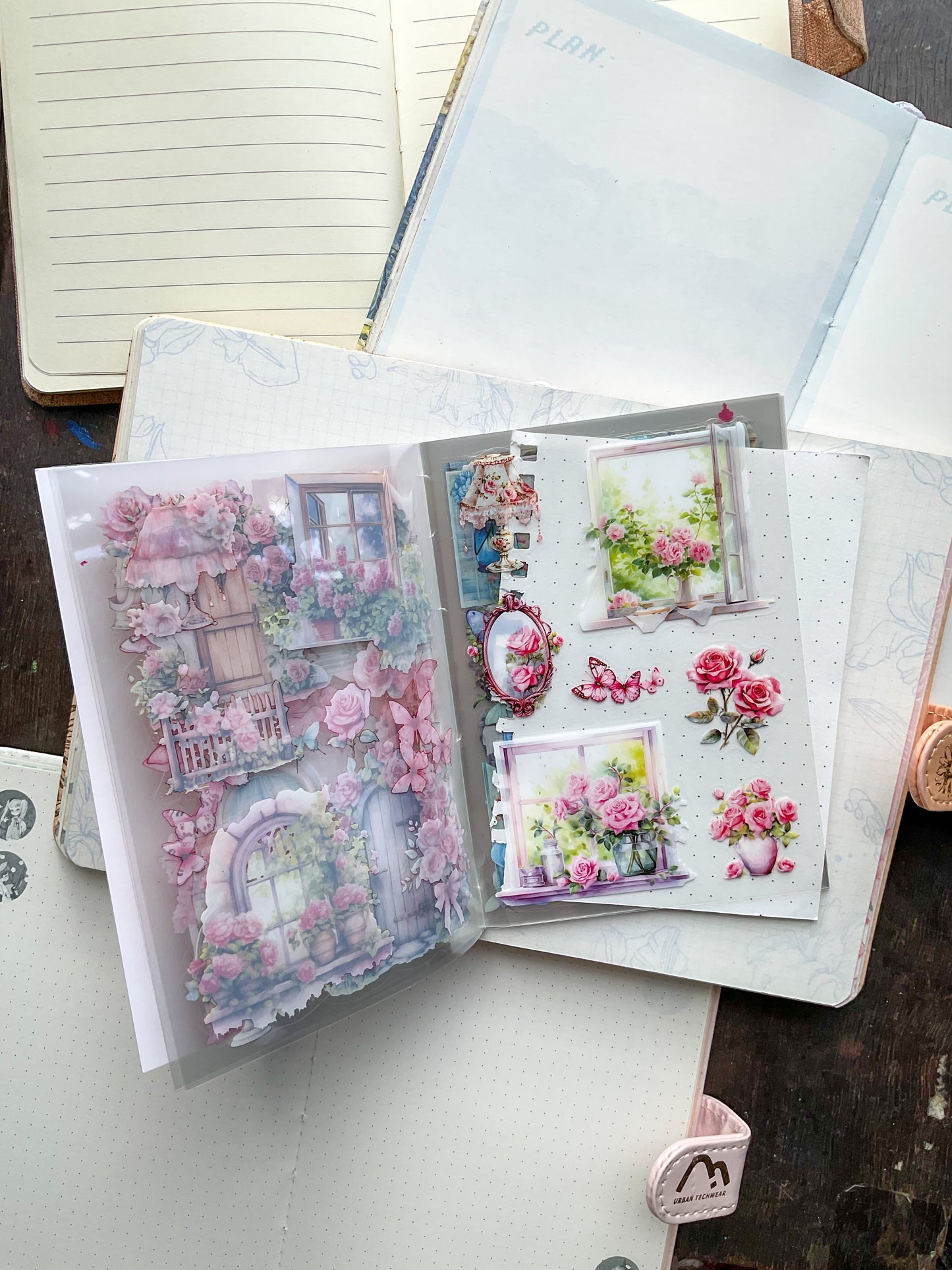 LLWS-401 Glazed Tiles Series Sticker Book|Fallen Flower Courtyard| Vintage Open Windows Sticker Book| Transparent Pet Sticker 20 Pcs Pink