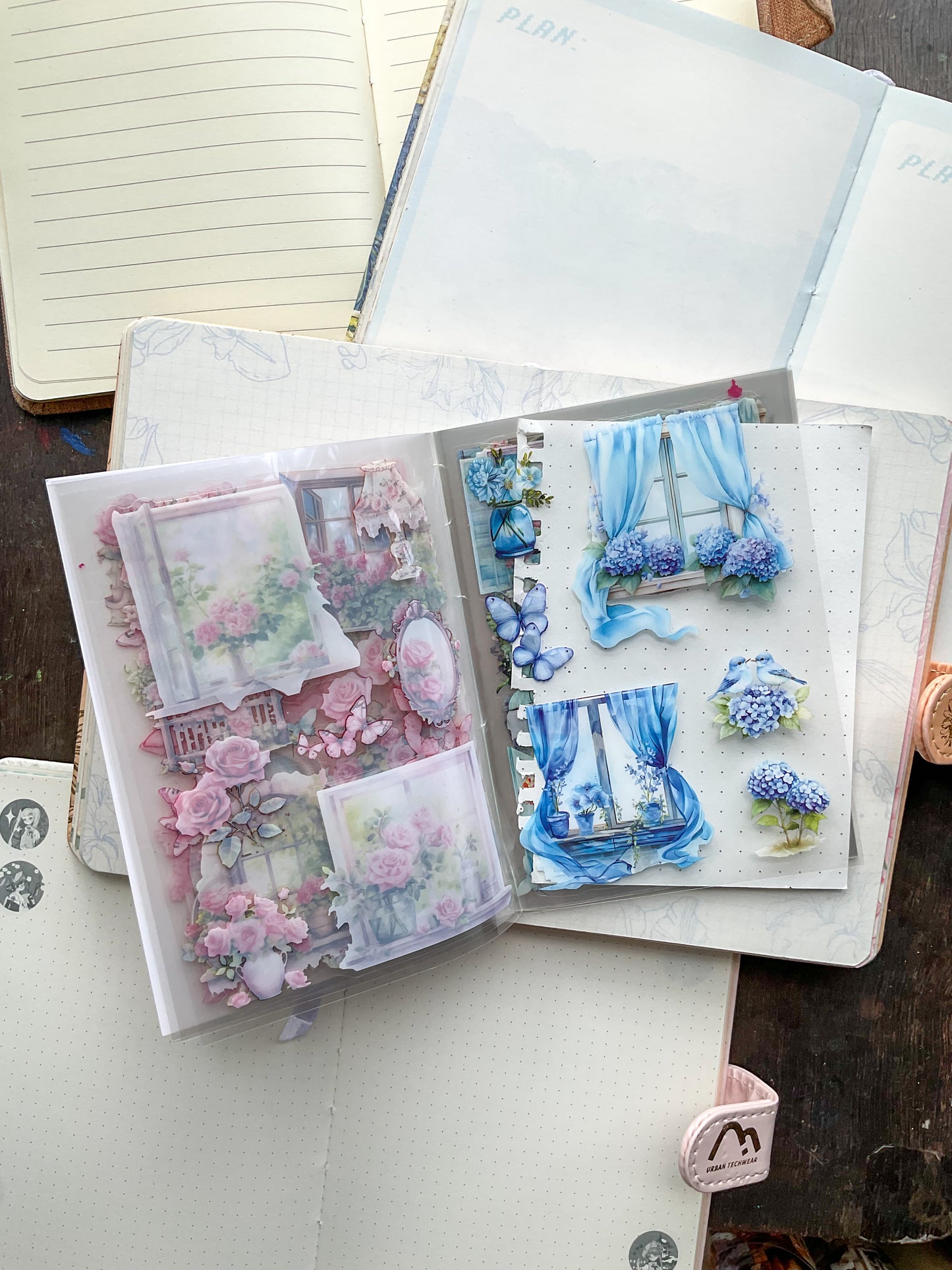 LLWS-401 Glazed Tiles Series Sticker Book|Fallen Flower Courtyard| Vintage Open Windows Sticker Book| Transparent Pet Sticker 20 Pcs Pink
