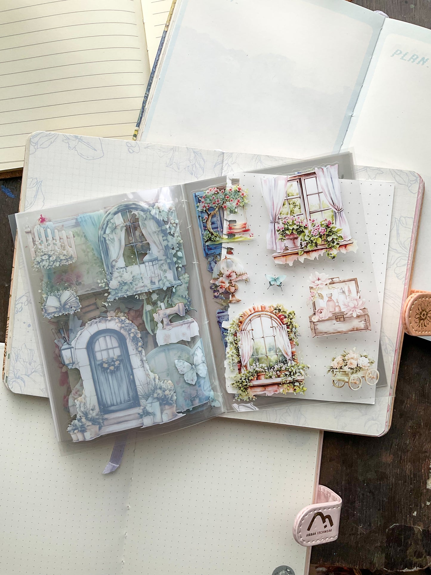 LLWS-401 Glazed Tiles Series Sticker Book|Fallen Flower Courtyard| Vintage Open Windows Sticker Book| Transparent Pet Sticker 20 Pcs Pink