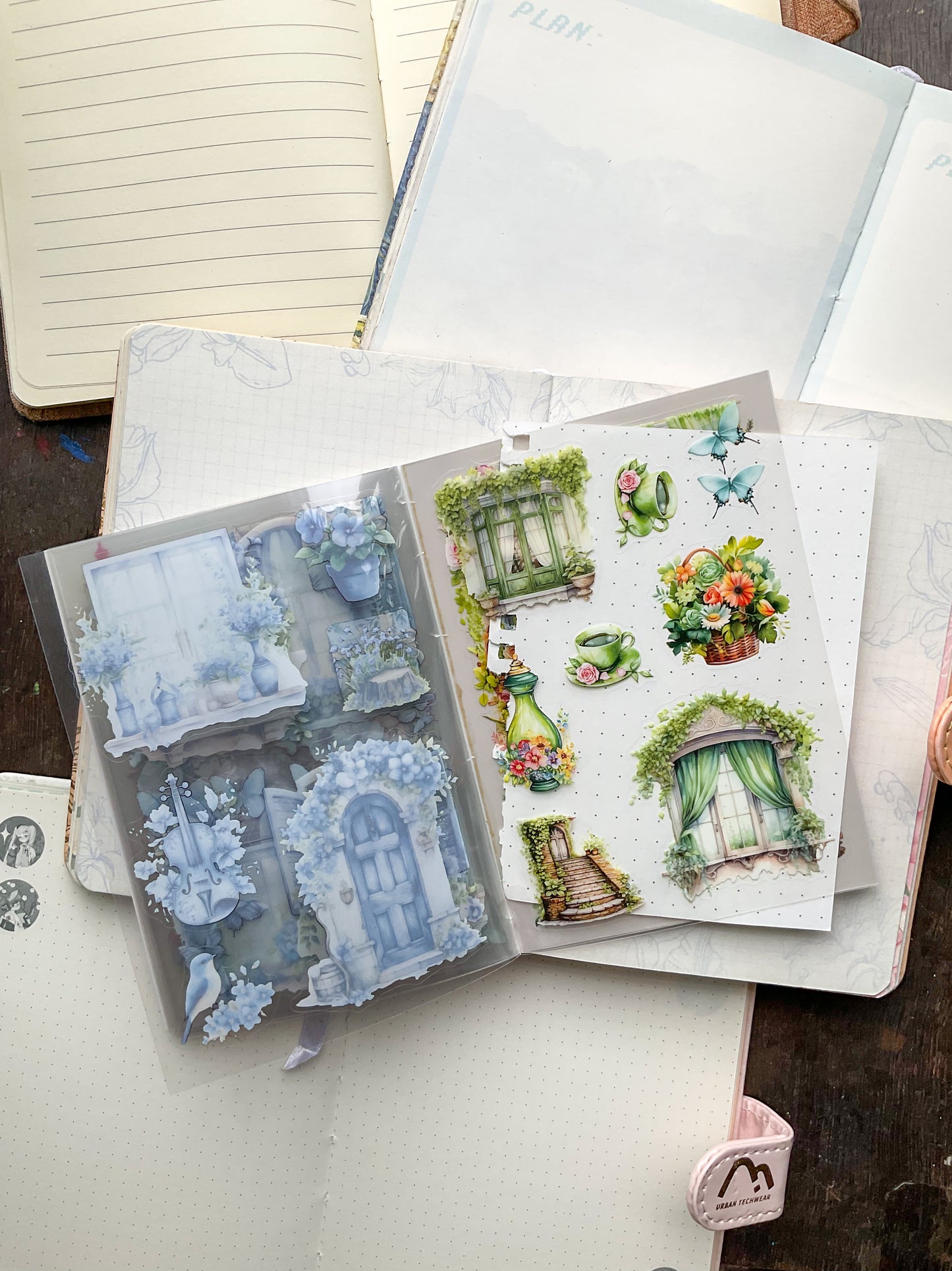 LLWS-401 Glazed Tiles Series Sticker Book|Fallen Flower Courtyard| Vintage Open Windows Sticker Book| Transparent Pet Sticker 20 Pcs Pink