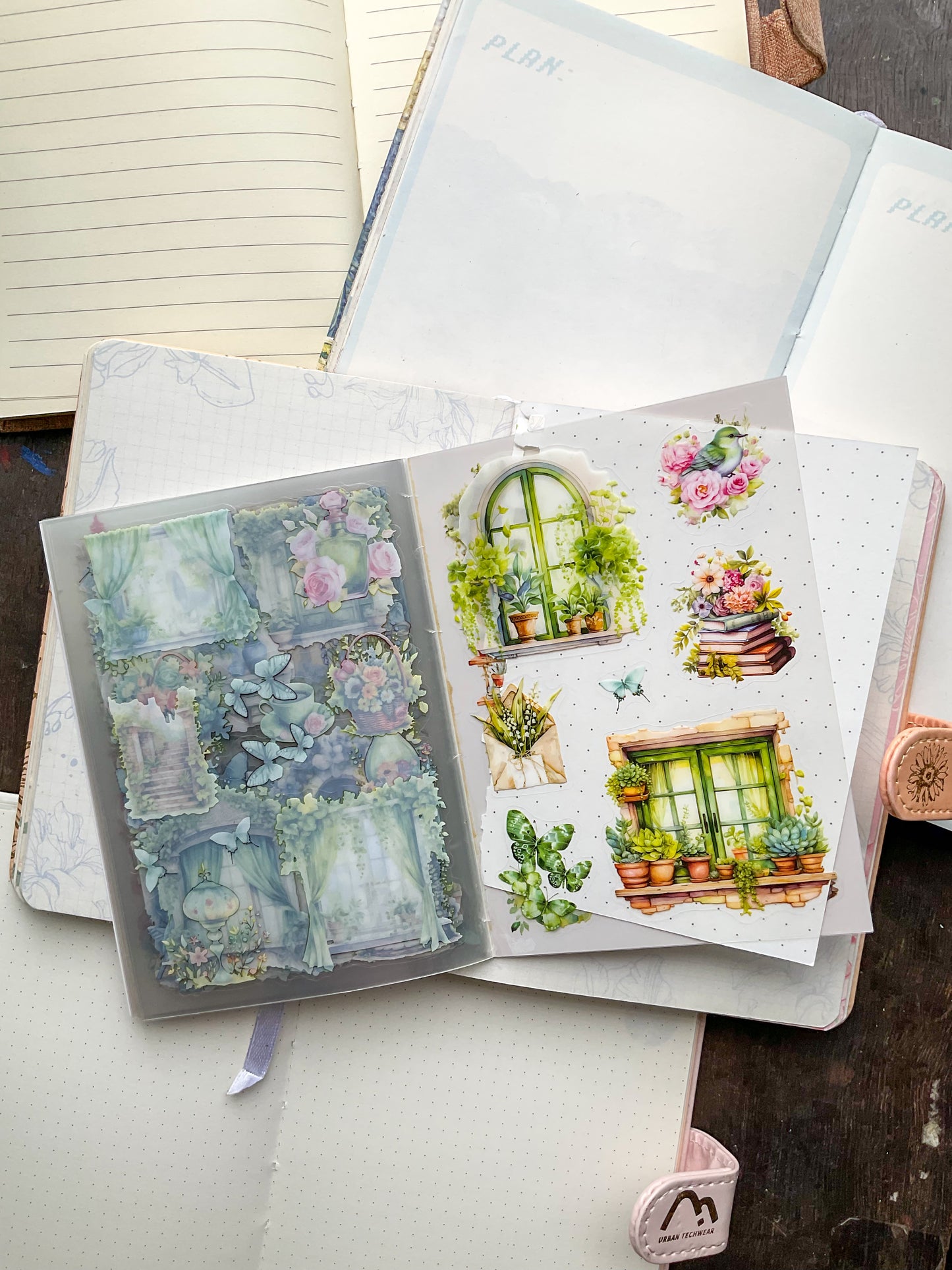 LLWS-401 Glazed Tiles Series Sticker Book|Fallen Flower Courtyard| Vintage Open Windows Sticker Book| Transparent Pet Sticker 20 Pcs Pink