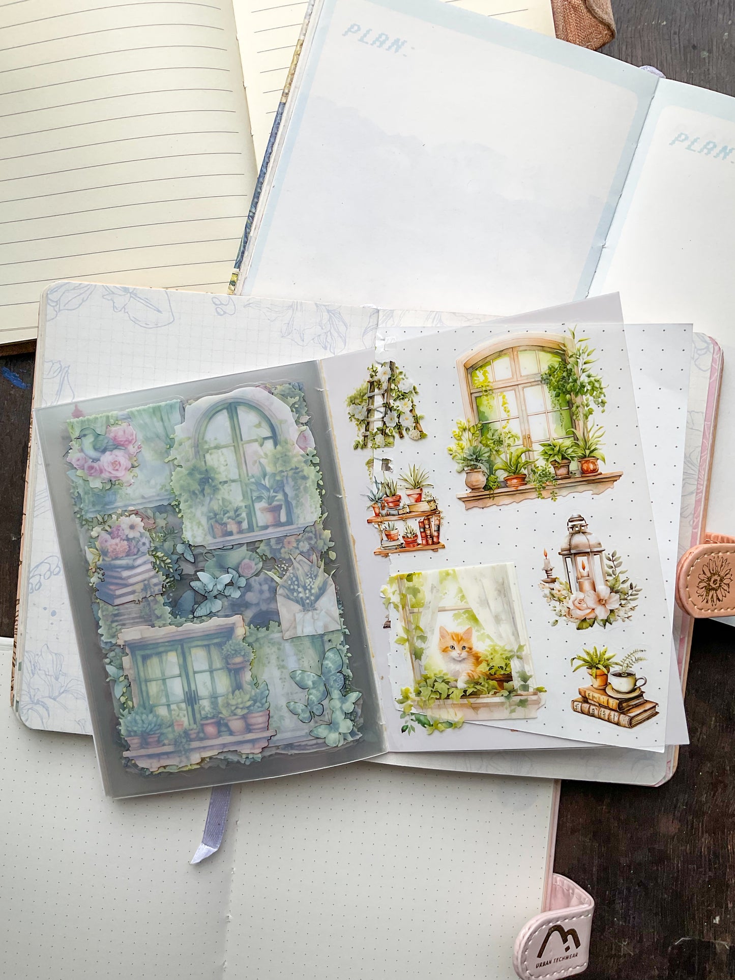 LLWS-401 Glazed Tiles Series Sticker Book|Fallen Flower Courtyard| Vintage Open Windows Sticker Book| Transparent Pet Sticker 20 Pcs Pink