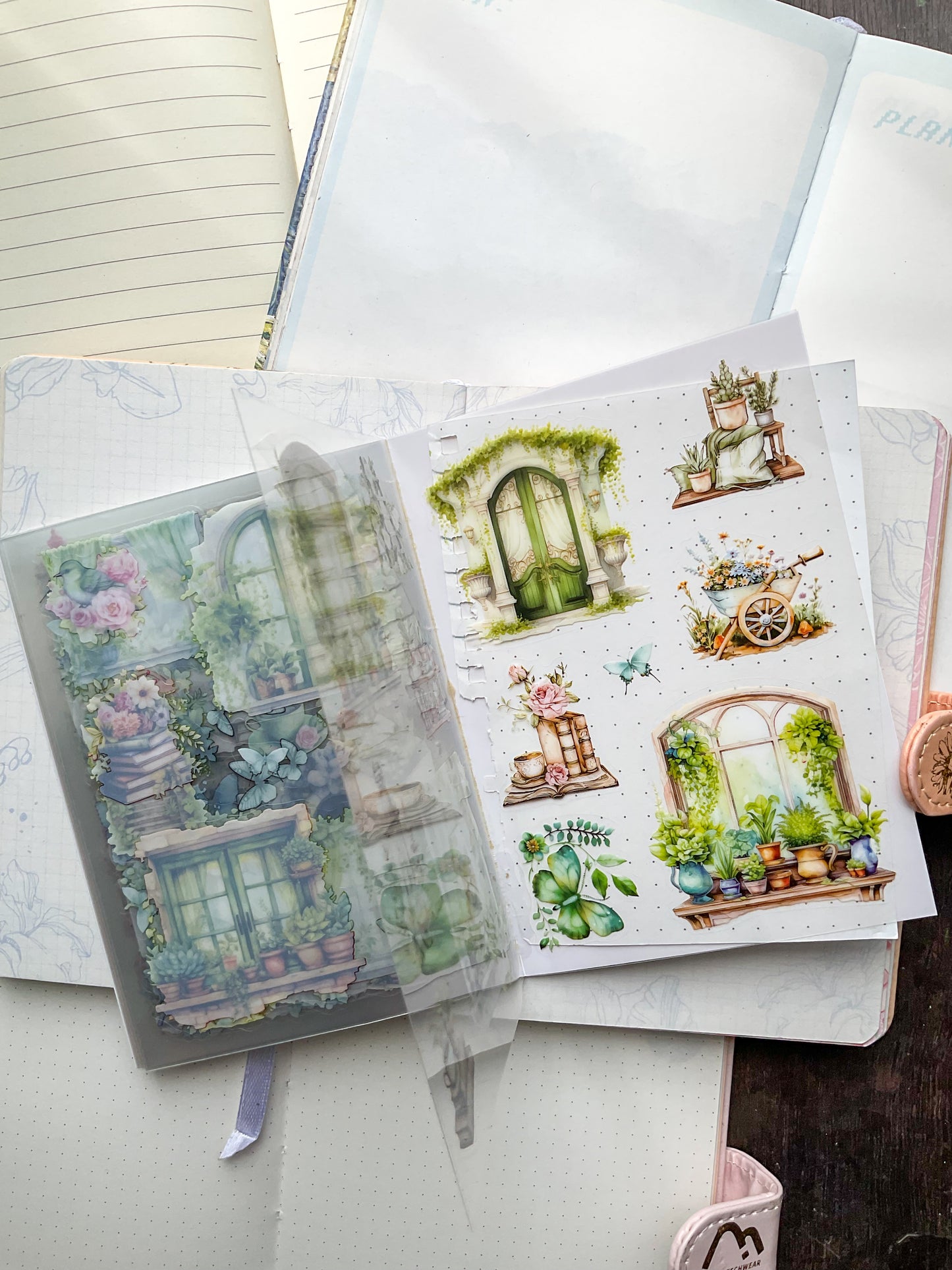 LLWS-401 Glazed Tiles Series Sticker Book|Fallen Flower Courtyard| Vintage Open Windows Sticker Book| Transparent Pet Sticker 20 Pcs Pink