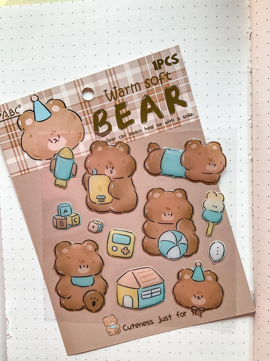QXSS-12-03-Warm Soft BEAR| Animal Fluffy Sticker Pets 1 Sheet