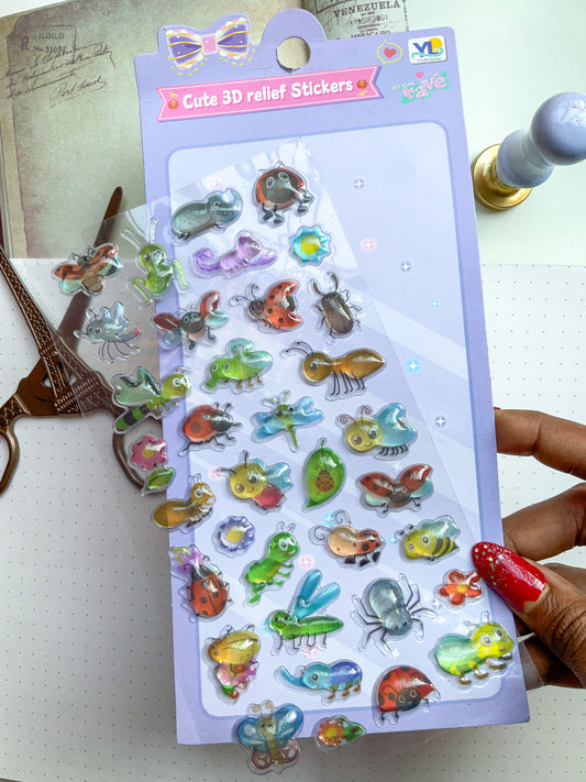 LDN #3-Cute 3D Embossed Kawaii Sticker Sheet| Puffy Sticker| Cute Insects Relief Sticker