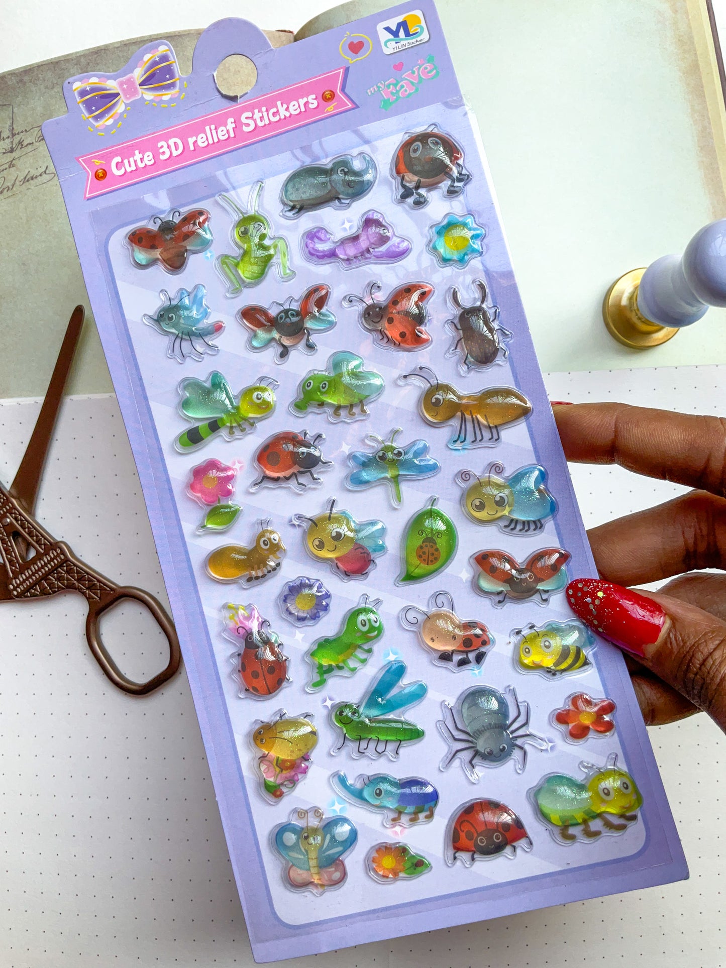 LDN #3-Cute 3D Embossed Kawaii Sticker Sheet| Puffy Sticker| Cute Insects Relief Sticker