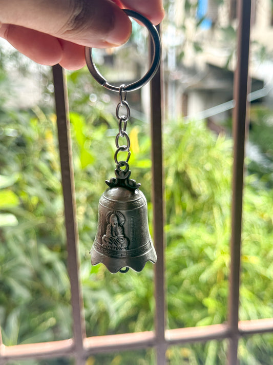 Antique Buddha Guardian Bell || Keychain | Vintage Bike or Car Pendant Key Ring | Spiritual Lucy Charm | Brown & Silver & Gold |