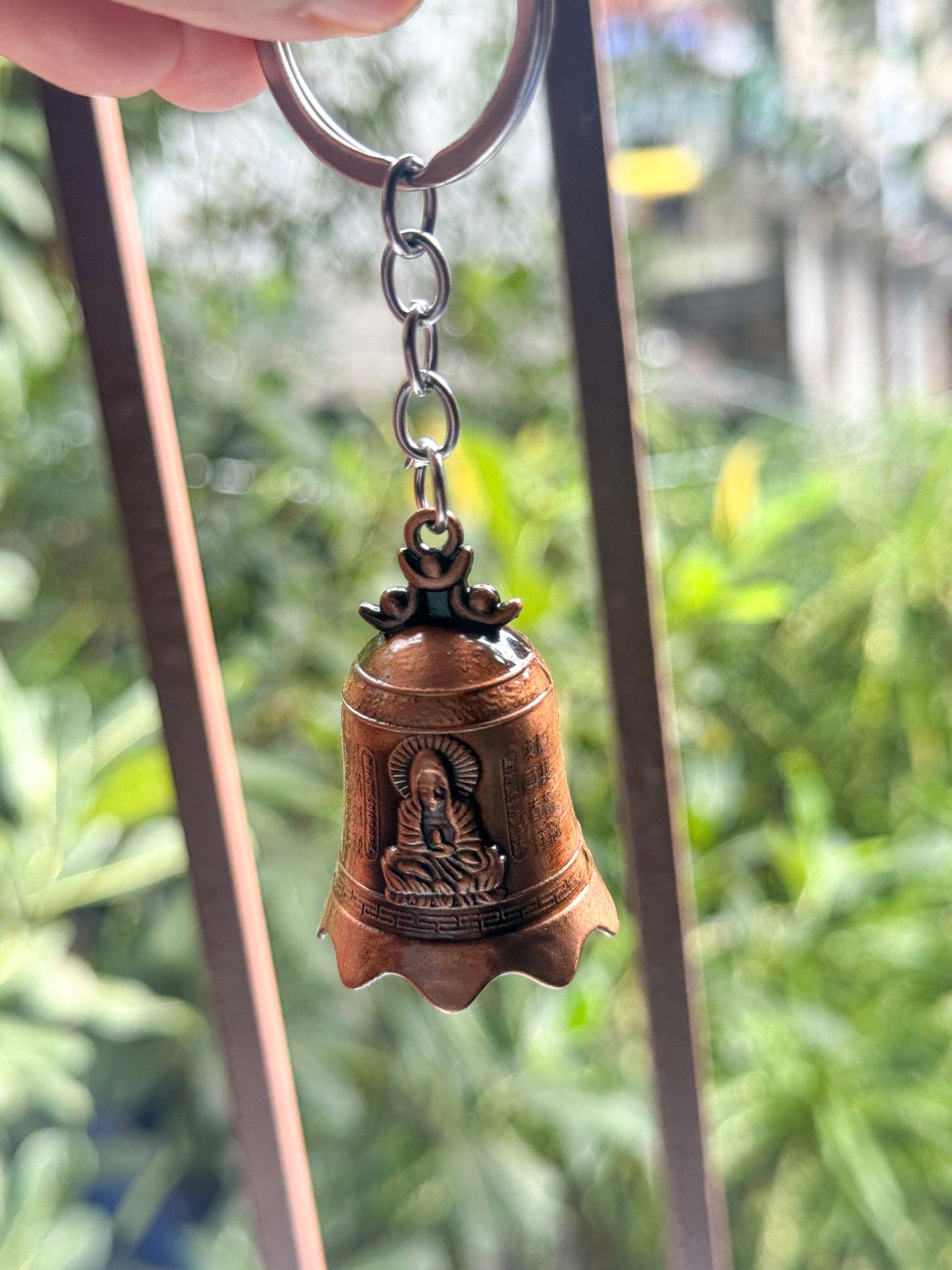 Antique Buddha Guardian Bell || Keychain | Vintage Bike or Car Pendant Key Ring | Spiritual Lucy Charm | Brown & Silver & Gold |