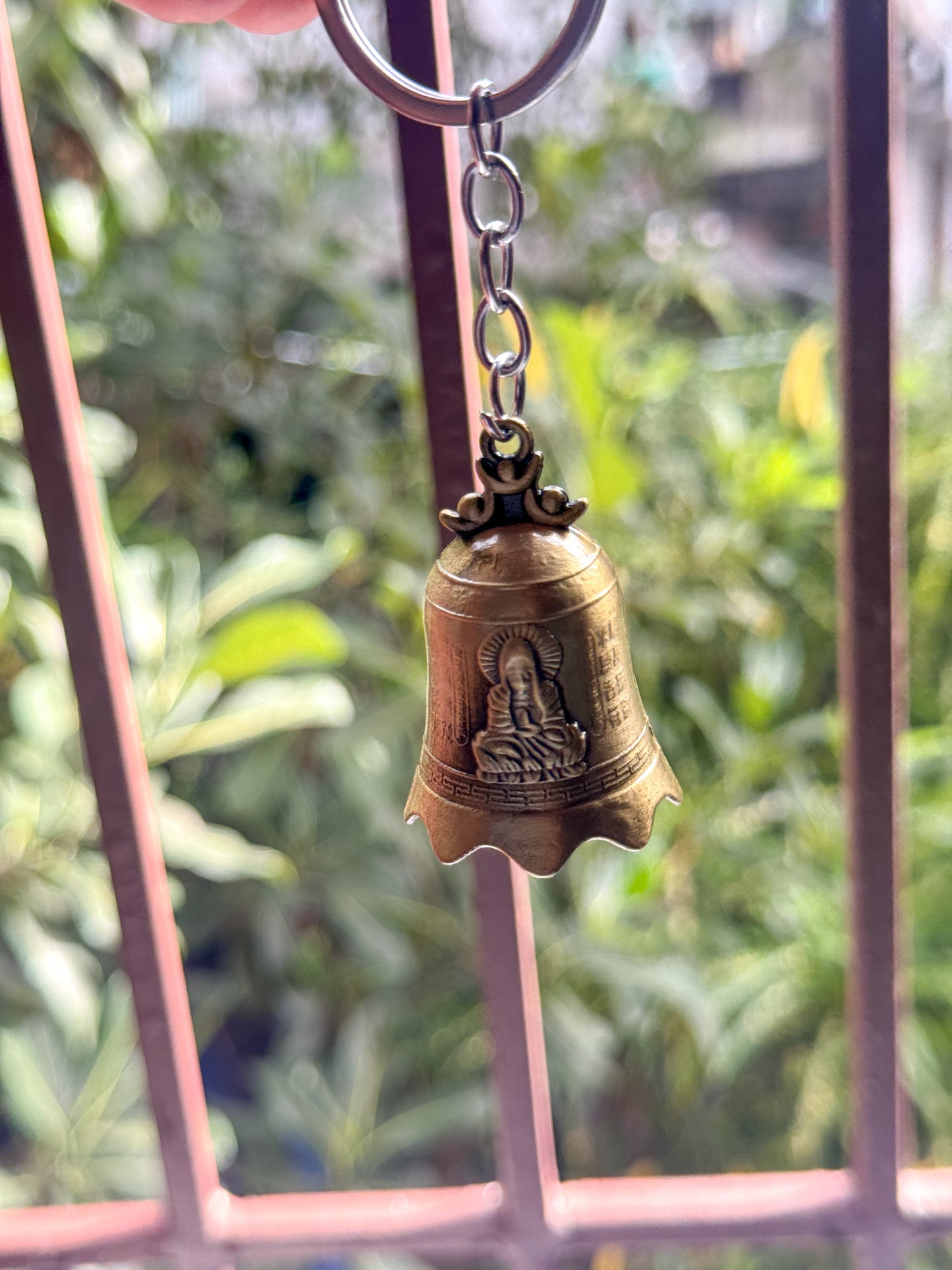 Antique Buddha Guardian Bell || Keychain | Vintage Bike or Car Pendant Key Ring | Spiritual Lucy Charm | Brown & Silver & Gold |