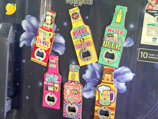 Beer Bottle Themed Fridge Magnet With Bottle cap opener #6 | Glossy Look With Durable Wooden Body