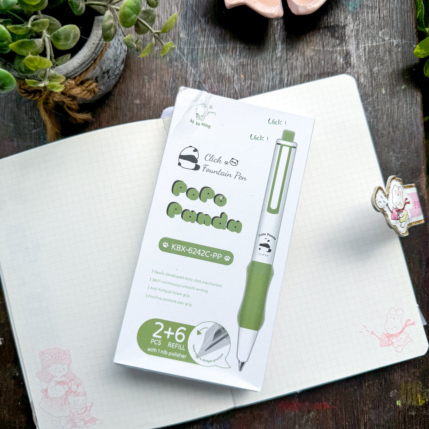 KBX6242cc | Pinteresty Click Fountain pen 2 pen set Green Panda | Blue Ink | Refillable 6 free cartridges & 1 Nib Polish