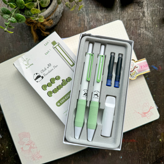 KBX6242cc | Pinteresty Click Fountain pen 2 pen set Green Panda | Blue Ink | Refillable 6 free cartridges & 1 Nib Polish