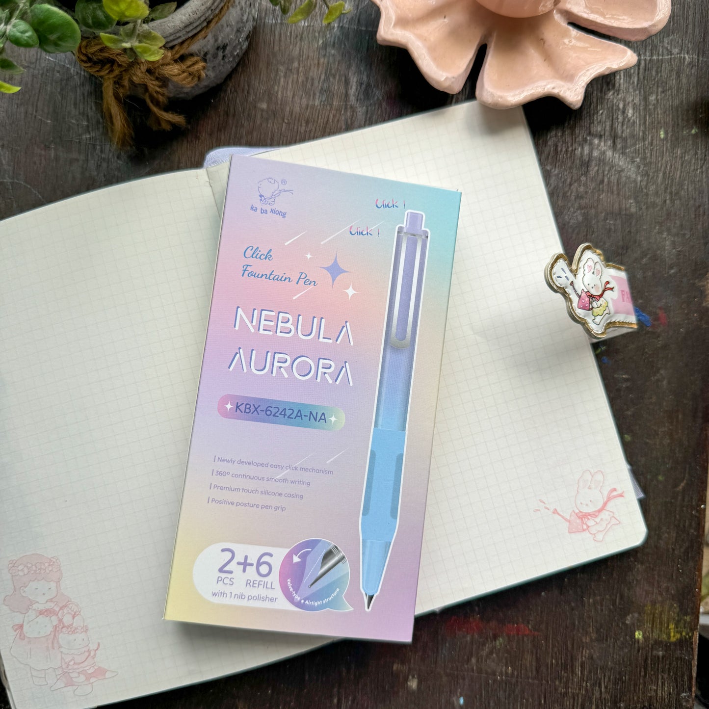 KBX6242na | Pinteresty Click Fountain pen 2 pen set Nabula Aurora | Blue Ink | Refillable 6 free cartridges & 1 Nib Polish