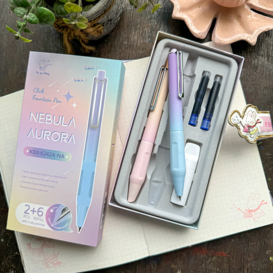 KBX6242na | Pinteresty Click Fountain pen 2 pen set Nabula Aurora | Blue Ink | Refillable 6 free cartridges & 1 Nib Polish