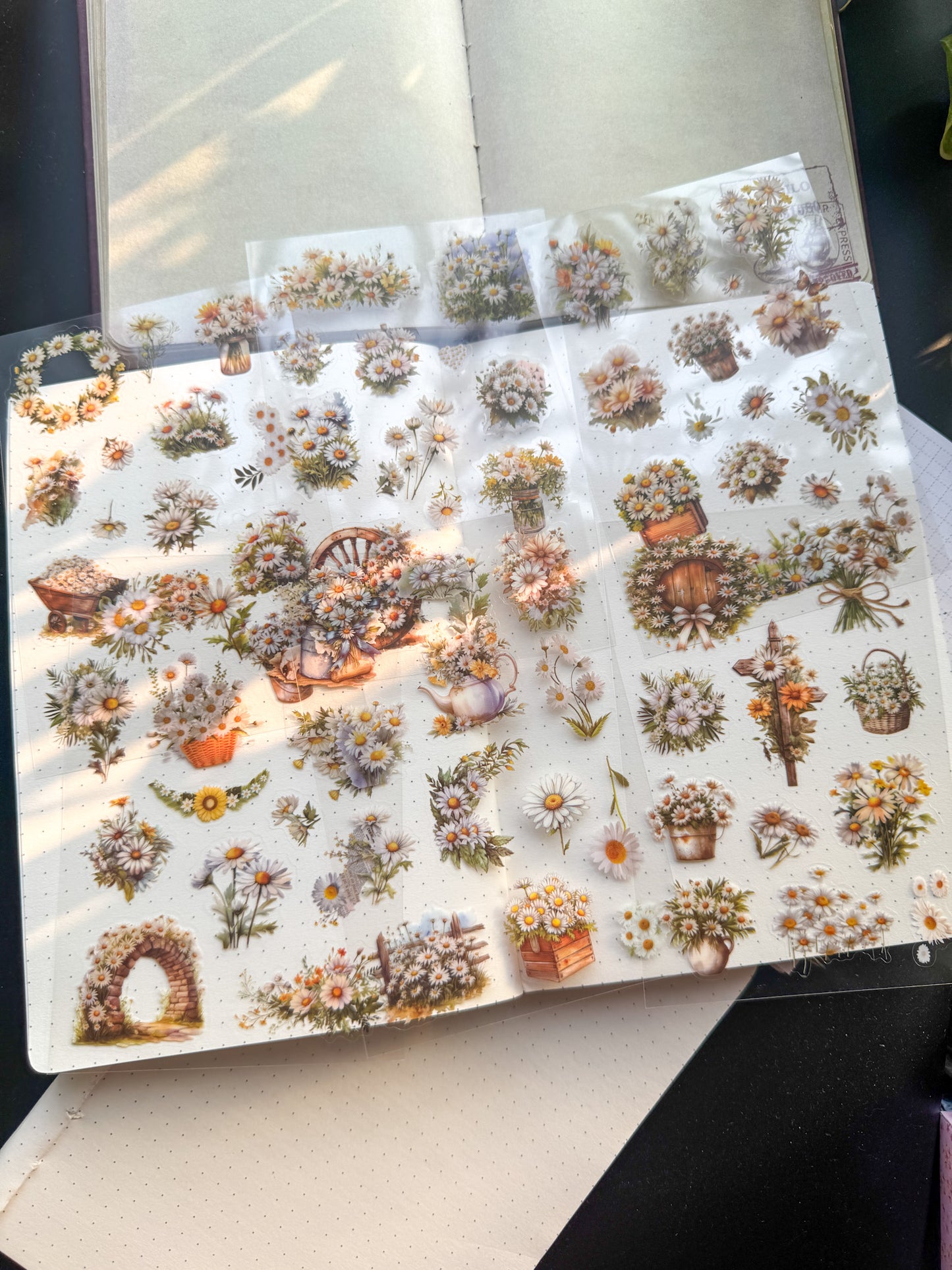 MYHZ-605 GREEN DAISY| Dream Shadow Bloom Series Pet Sticker Sheets|6 Sheets 100*150mm| White Themed