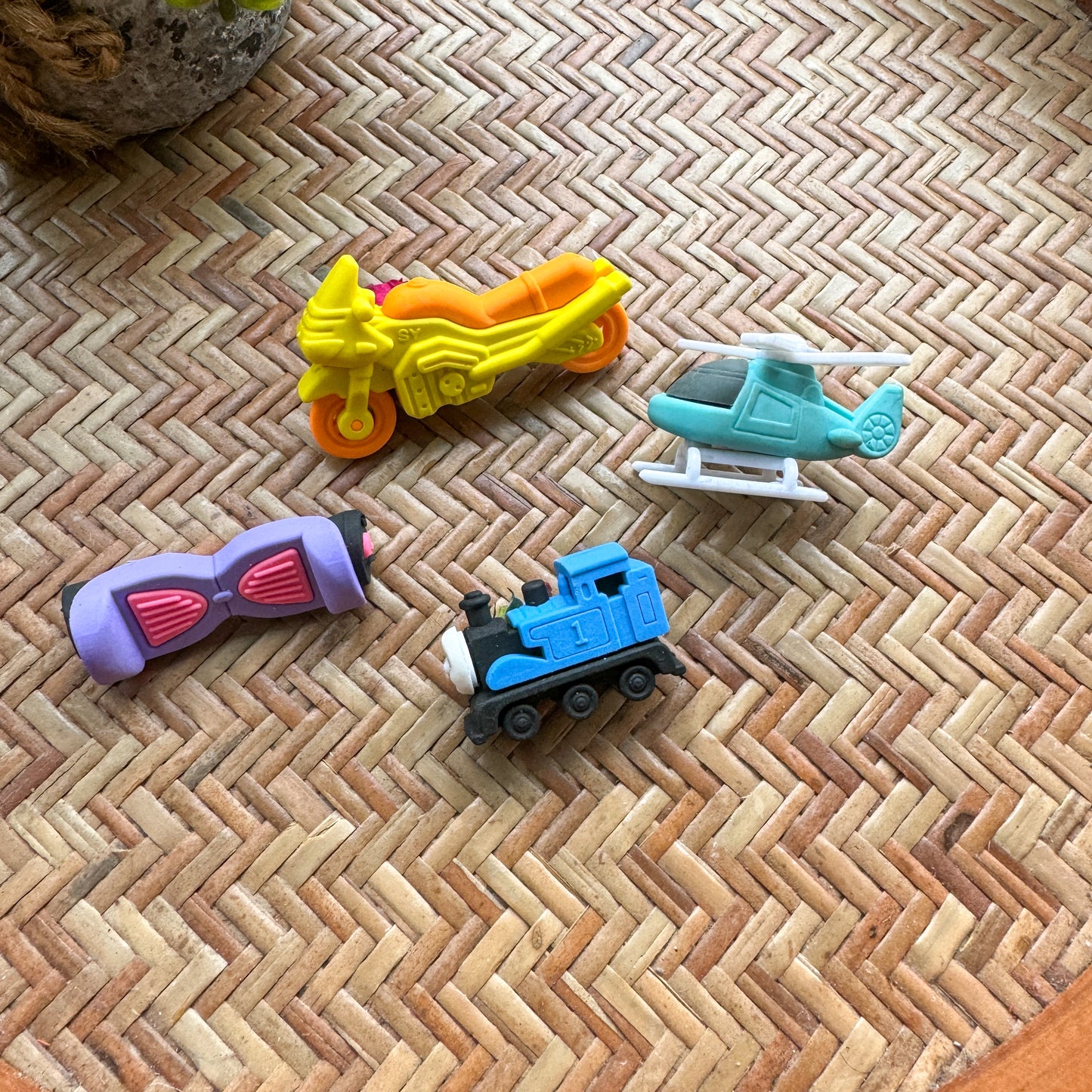 Fancy Erasers Train, Helicopter, Bike, Skateboard set of 4 | Random colour
