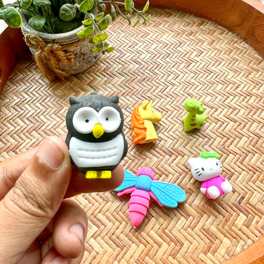 Fancy Erasers Cute Owl, unicorn, giraffe, dragonfly, happy kitty set of 5 | Random Colour