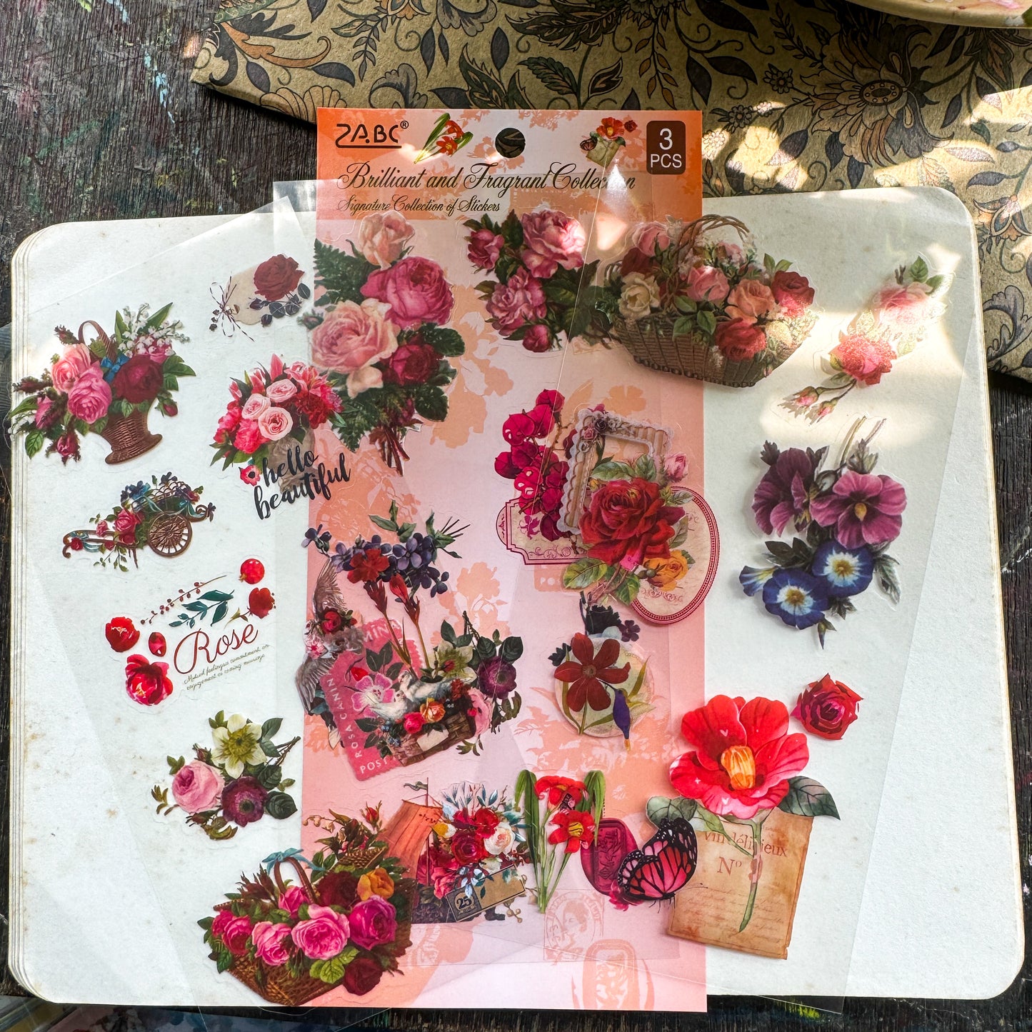 Yzwj808 | Red Flower Transparent Pet Sticker | Vintage | Set of 3 Sticker Sheet | Pre Cut Stickers | Kiss Cut Stickers