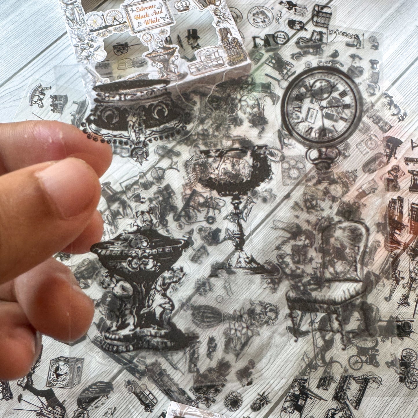 JZHB101 Extreme Black & White | Best Vintage Sticker Collection | 100 pcs PET Transparent stickers in each box | 500 stickers Peach Box| Precut sticker | Kisscut sticker | Black n White Sticker Box