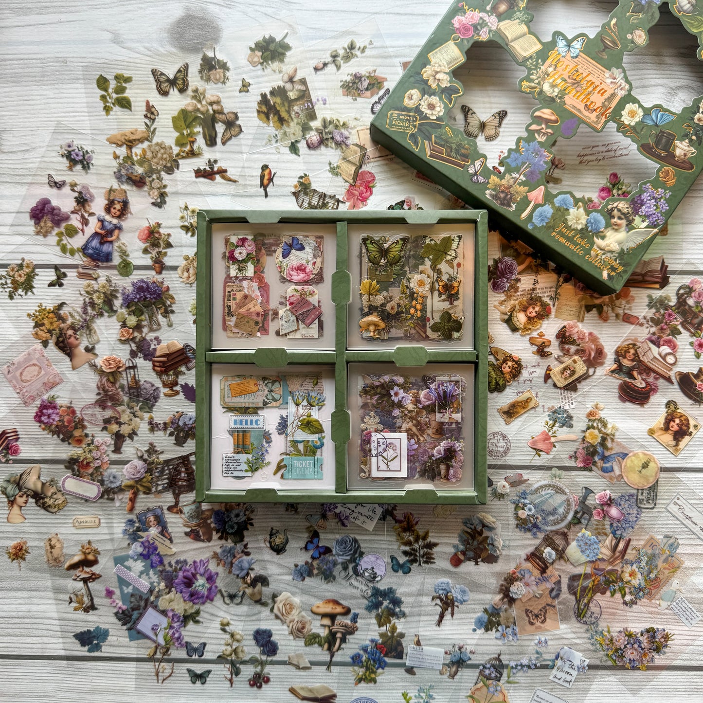 Hjsc101 Nostalgia Hand book Green | Best Vintage Sticker Collection | 100 pcs PET Transparent stickers sheets in each box | 500 stickers each Box| Precut sticker | Kisscut sticker