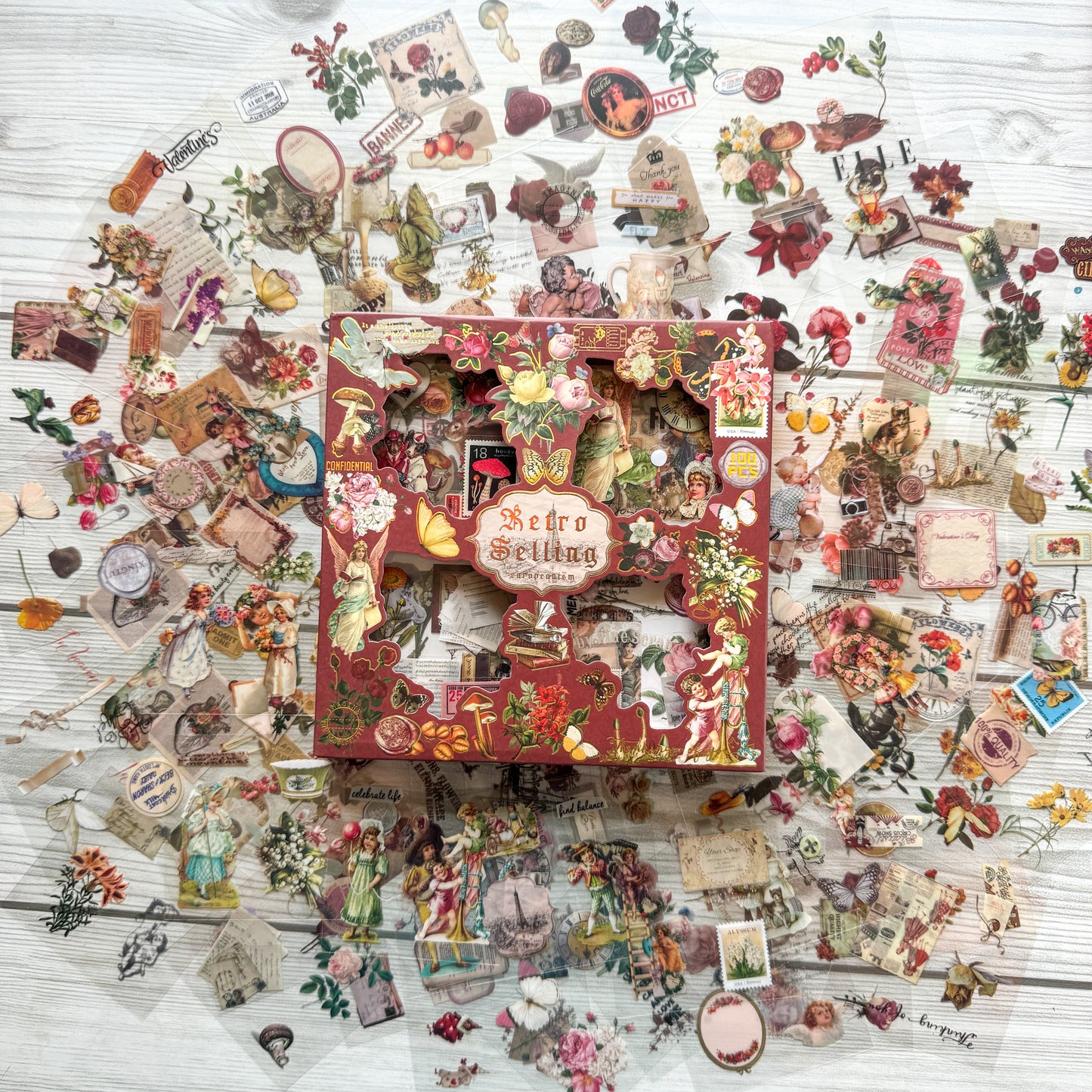 Fgfm 101 Retro Selling | Best Vintage Sticker Collection | 100 pcs PET Transparent stickers in each box | 500 stickers Peach Box| Precut sticker | Kisscut sticker