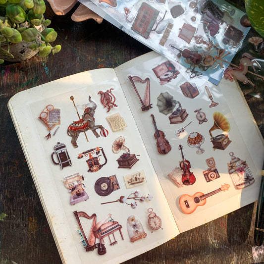 JMXJ602| Instruments Transparent Pet Sticker | Vintage | Set of 6 Sticker Sheet | Pre Cut Stickers | Kiss Cut Stickers