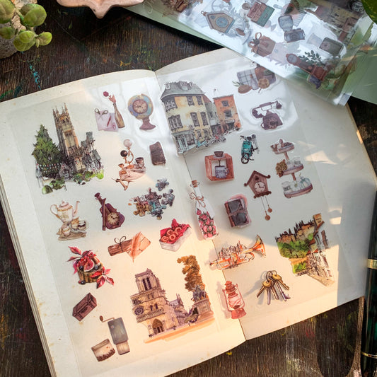 JMXJ605 | Clock Transparent Pet Sticker | Vintage | Set of 6 Sticker Sheet | Pre Cut Stickers | Kiss Cut Stickers